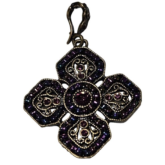 Vintage Premier Designs Purple Rhinestone Floral Medallion Pendant Art Deco - Picture 1 of 6